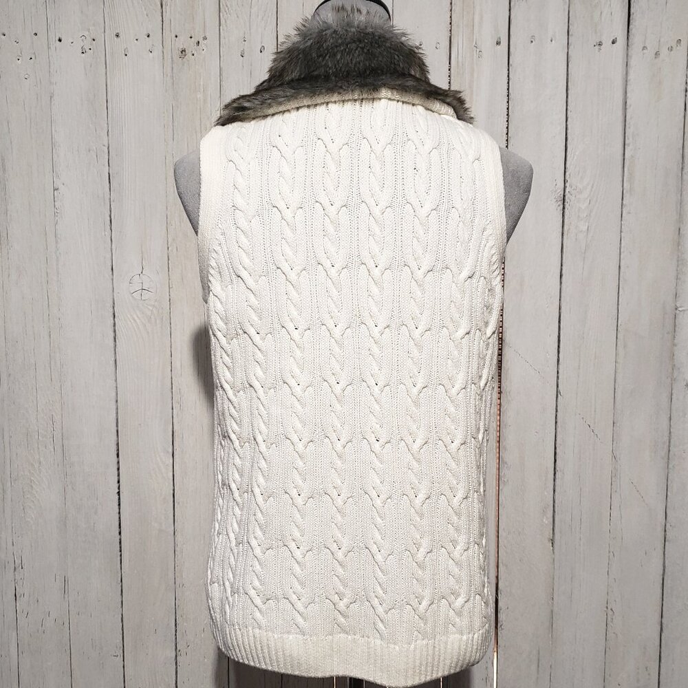 Claiborne S Cable Sweater Vest Cream Faux Fur Cozy Western Cabin Boho Chic Retro - Picture 5 of 7